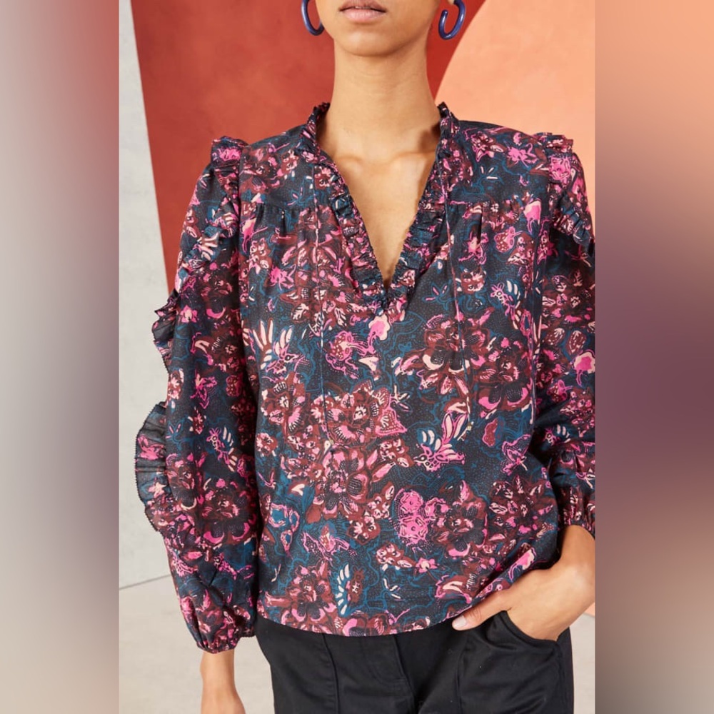 ULLA JOHNSON Rana‎ Blouse Size 2 Midnight Floral Puff Sleeve Cotton Ruffles